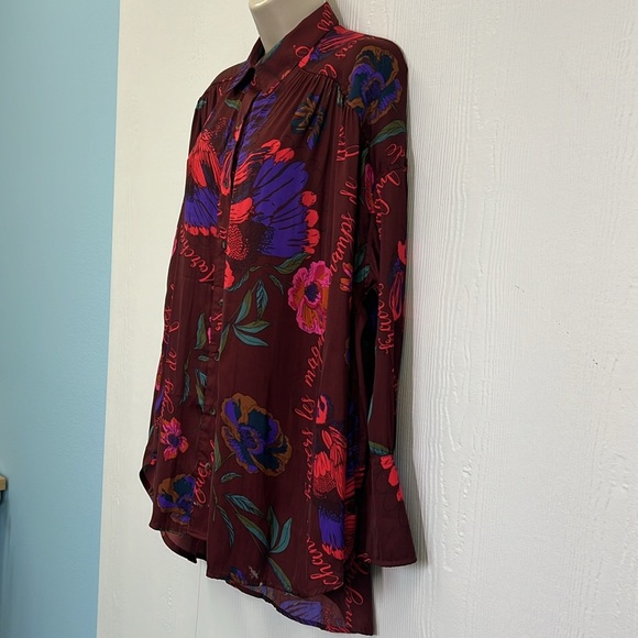 Free People - Silky NIghts Fun Print  Button Down Long Sleeve Oversized Blouse S - Picture 7 of 11